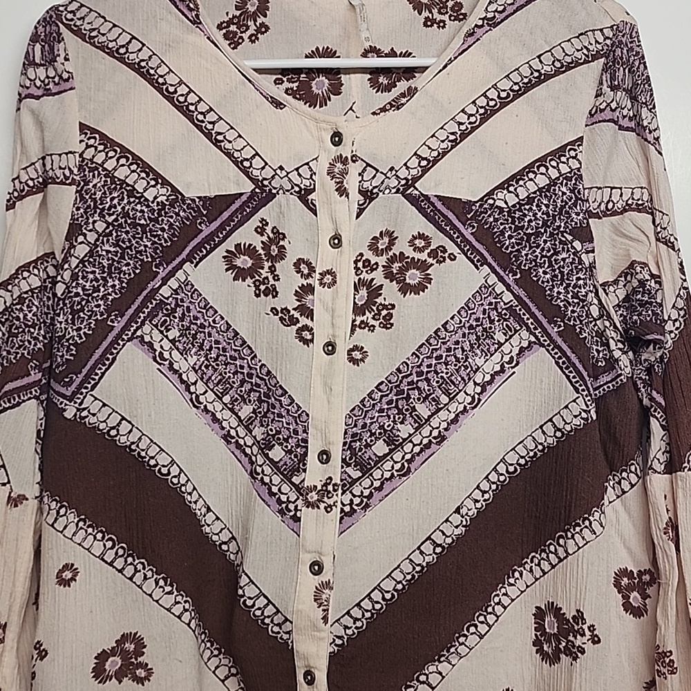 Free People Boho oversized floral brown& pink long-sleeve blouse dress w/pockets - Picture 8 of 11